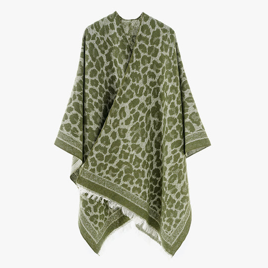 Damen Jacquard-Poncho im Kimono-Schnitt mit Fransensaum und dezentem Animaljacquard EB