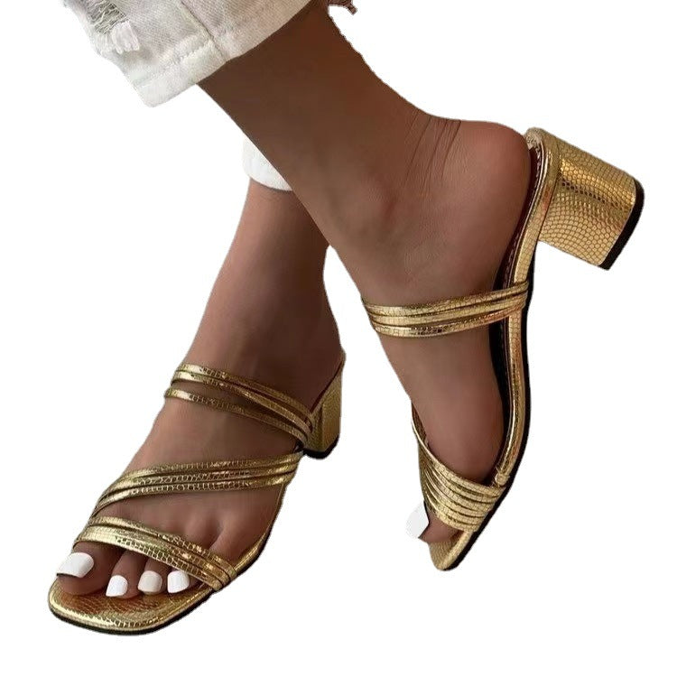 Damen Mules mit elegantem Metallic-Obermaterial und komfortablem Blockabsatz EB