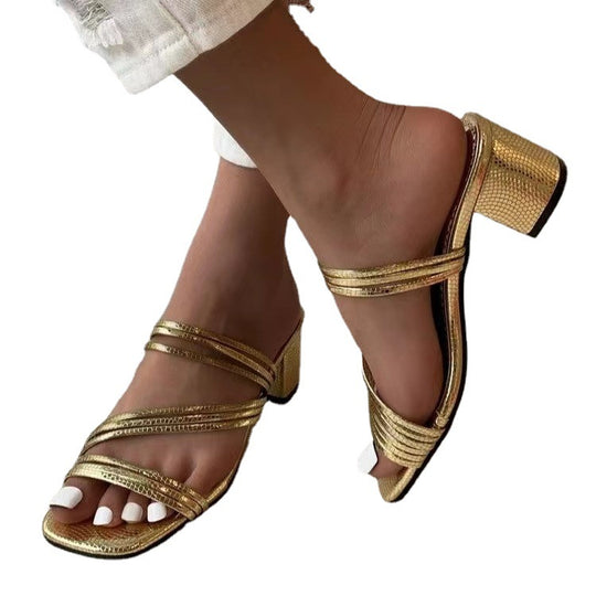 Damen Mules mit elegantem Metallic-Obermaterial und komfortablem Blockabsatz EB