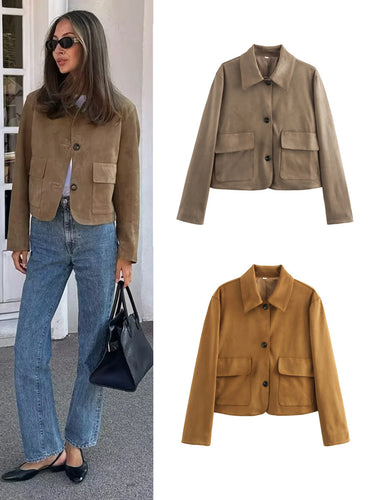 Damen modische Kurzjacke aus hochwertigem Wildlederimitat mit praktischen Taschen EB