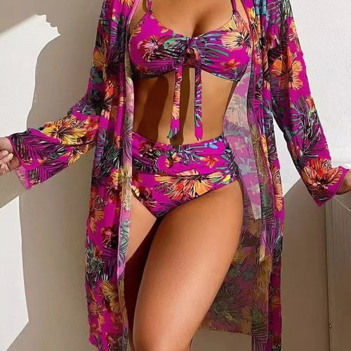 Damen Bikini-Set mit floralen Mustern und luftiger Kimono-Überjacke EB