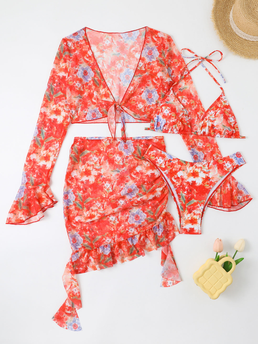 Damen Badeset mit floralem Design, kurzem Oberteil und Wickelrock EB