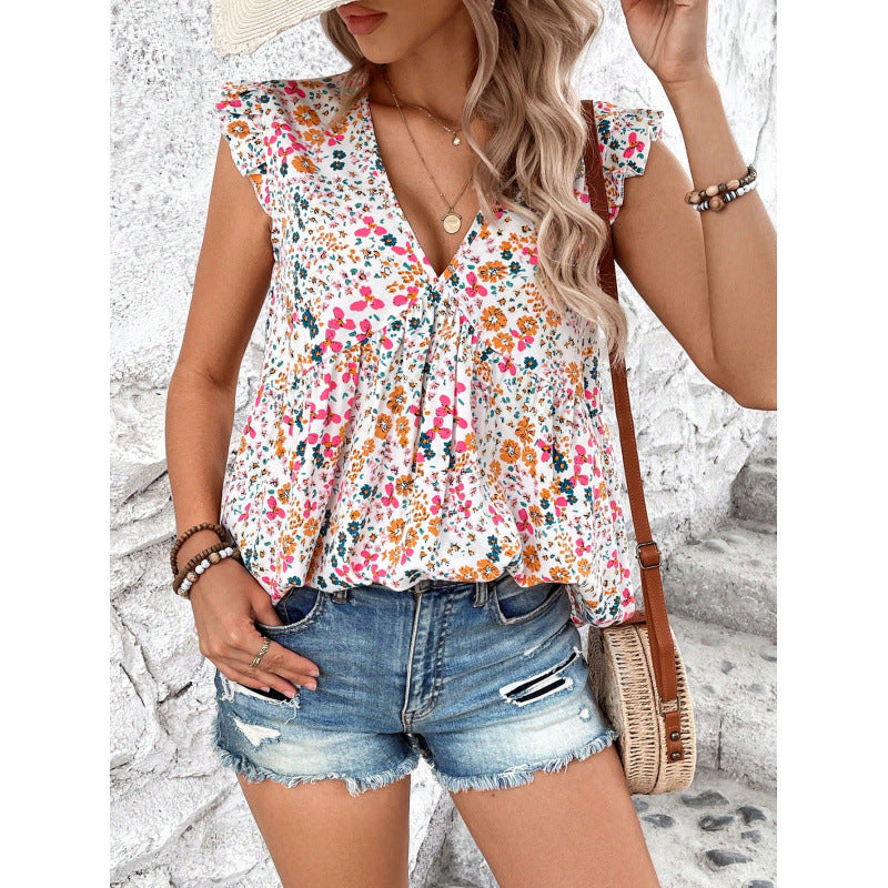 Damen Blusenshirt mit floralem Design und V-Ausschnitt EB