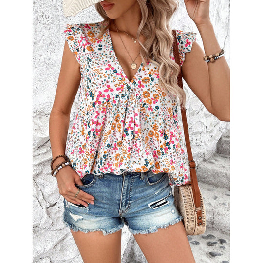 Damen Blusenshirt mit floralem Design und V-Ausschnitt EB