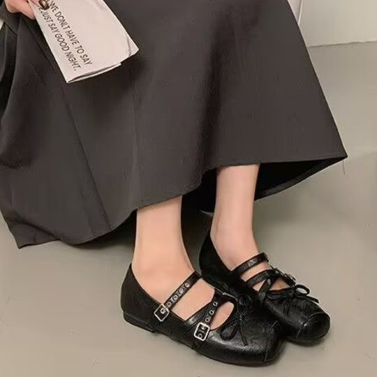 Damen Ballerina-Schuhe mit dekorativen Doppelschnallen und modischen Schleifen EB