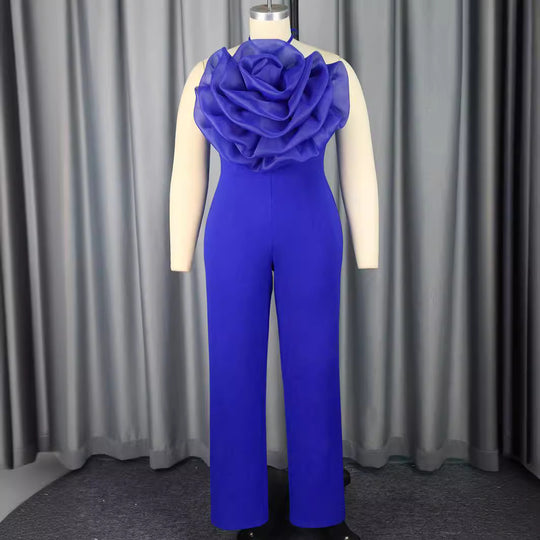 Damen eleganter Jumpsuit mit voluminösem Blumenkragen EB