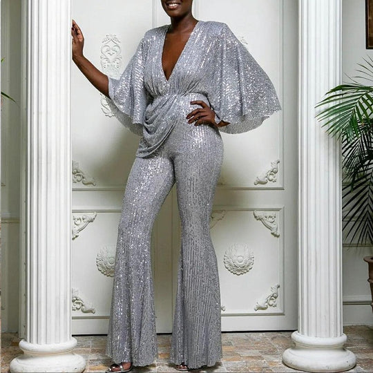 Damen Glamouröser Jumpsuit mit funkelnden Pailletten und weitem Bein EB