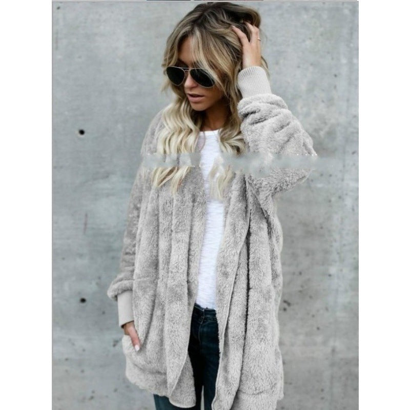 Damen Kuschelige Teddy‑Fleece‑Cardigan mit Kapuze, Oversize‑Schnitt und aufgesetzten Taschen EB