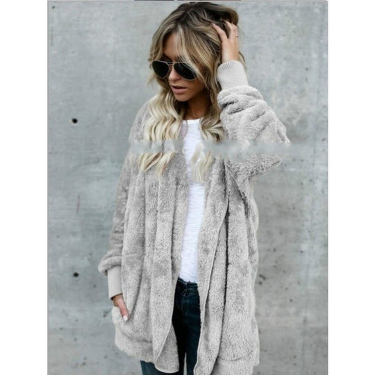 Damen Kuschelige Teddy‑Fleece‑Cardigan mit Kapuze, Oversize‑Schnitt und aufgesetzten Taschen EB