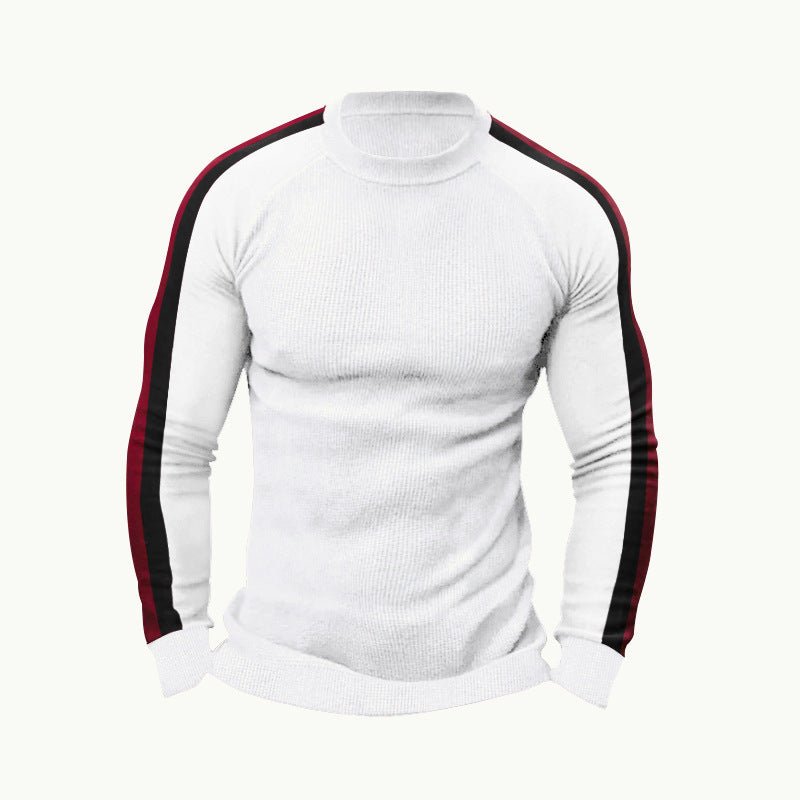 Herren sportlicher Strickpullover mit kontrastierenden Ärmeln und hohem Kragen EB