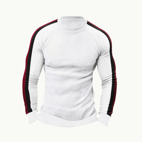 Herren sportlicher Strickpullover mit kontrastierenden Ärmeln und hohem Kragen EB