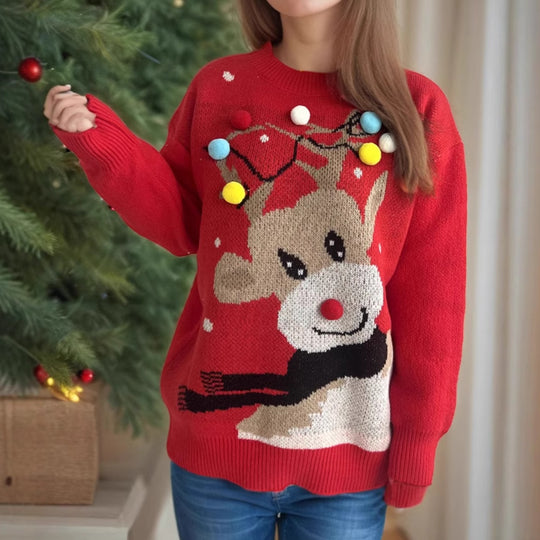 Damen weihnachtlicher Pullover mit einzigartigem Rentiermotiv und bunten Applikationen EB