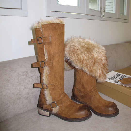 Damen elegante Winterstiefel mit modischem Kunstfellrand und praktischen Schnallen EB