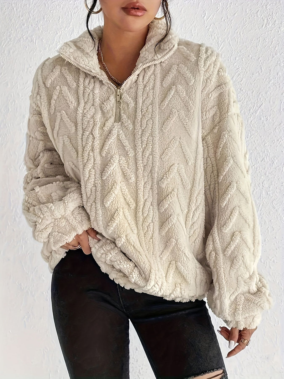 Damen Fleece Pullover mit hohem Kragen und strukturiertem Design EB