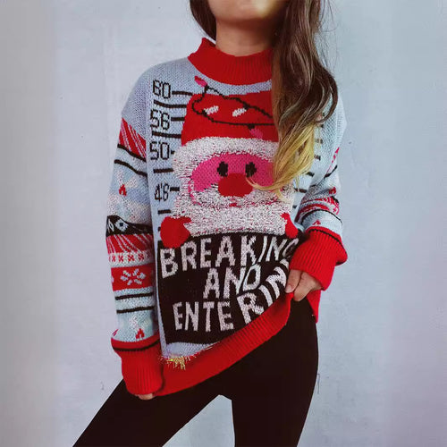 Damen Weihnachtspullover mit festlichem Santa-Motiv und glänzenden Akzenten EB