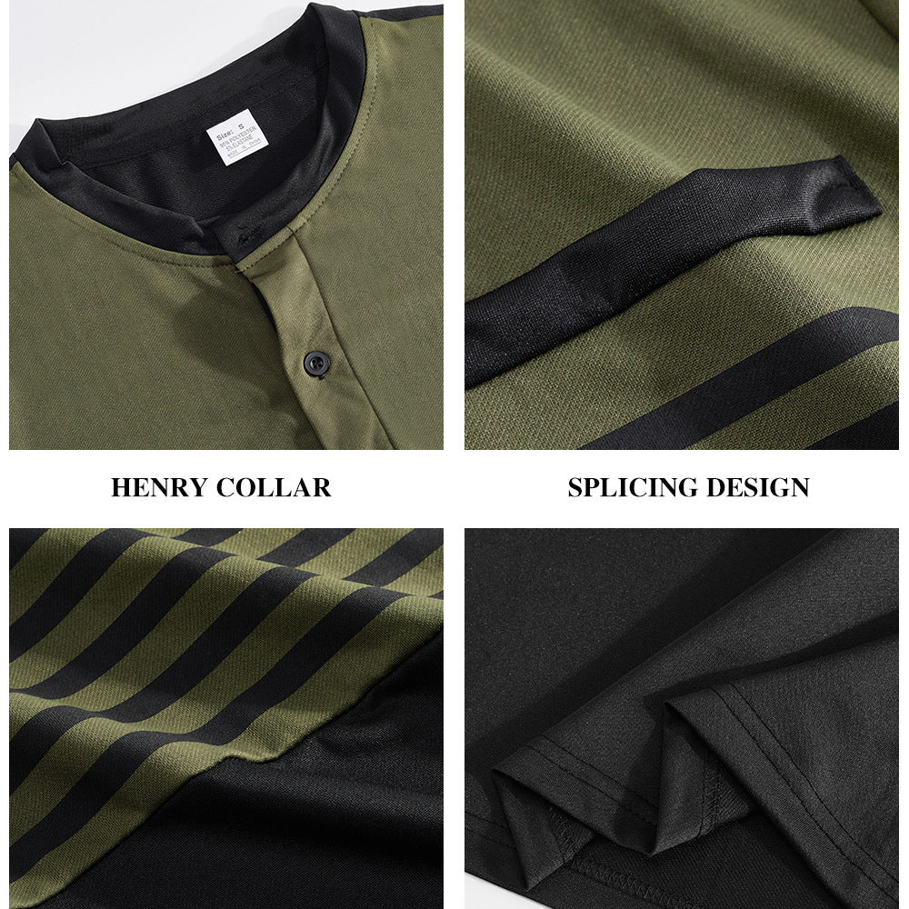 Herren nan modernes Langarm-Polo mit Henley-Blende gestreifter Brustpartie und Stehkragen EB