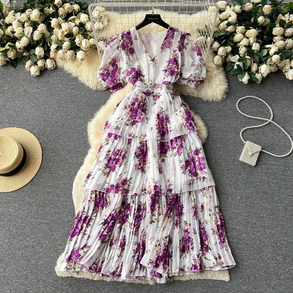 Damen Maxi-Kleid mit voluminösen Rüschendetails und floralem Design EB