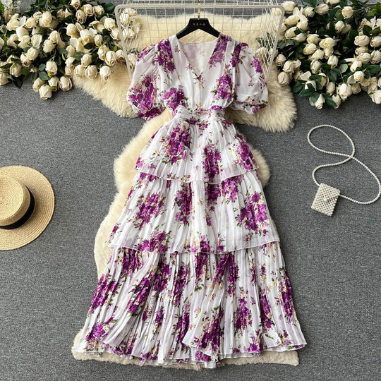 Damen Maxi-Kleid mit voluminösen Rüschendetails und floralem Design EB