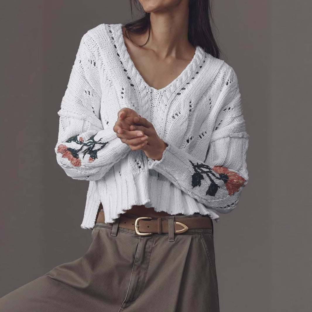 Damen Strickpullover mit floralem Design und V-Ausschnitt EB