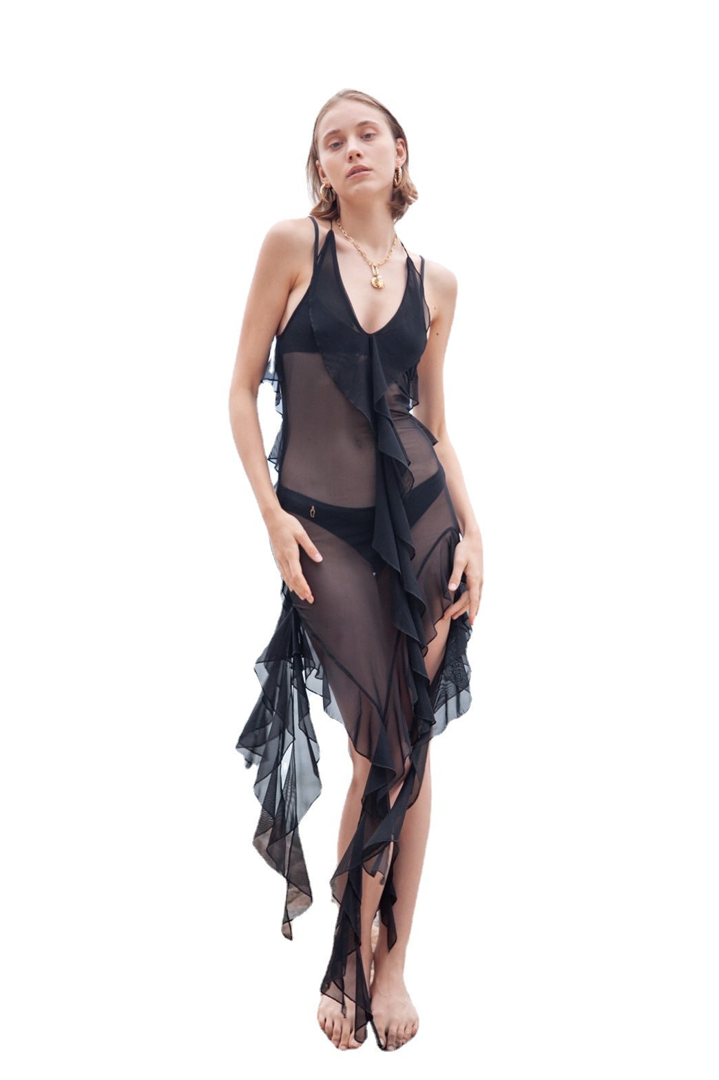 Damen luftiges Strandkleid mit Rüschendetails und spannender Transparenz EB