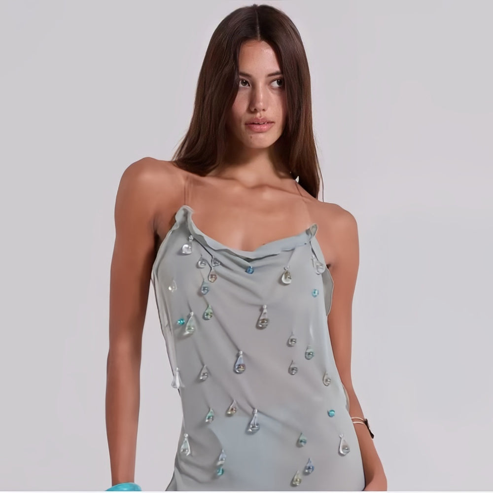 Damen Elegantes Minikleid mit raffiniertem Wasserfall-Ausschnitt und schimmernden Schmuckdetails EB
