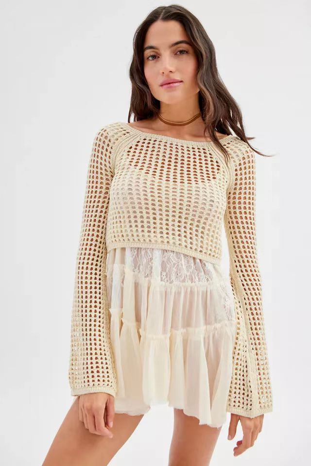 Damen gehäkeltes Crop-Top mit weiten Ärmeln und bunten Streifen EB
