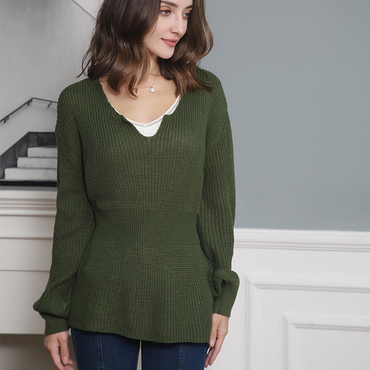 Damen Grobstrickpullover mit tiefem V-Ausschnitt und lässigem Schnitt EB