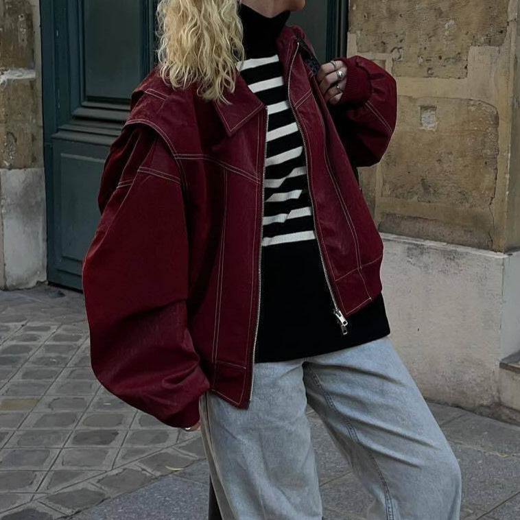 Damen Kunstlederjacke mit elastischen Bündchen und hochschließendem Kragen EB