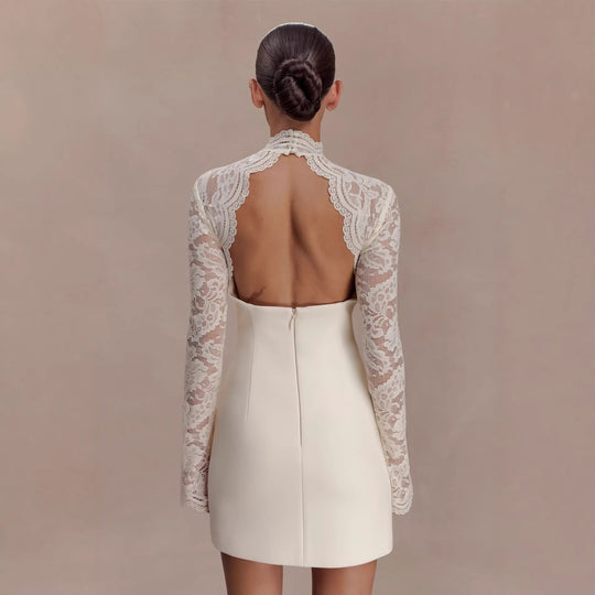 Damen Elegantes Minikleid mit Spitzenoberteil und hochgeschlossenem Kragen EB