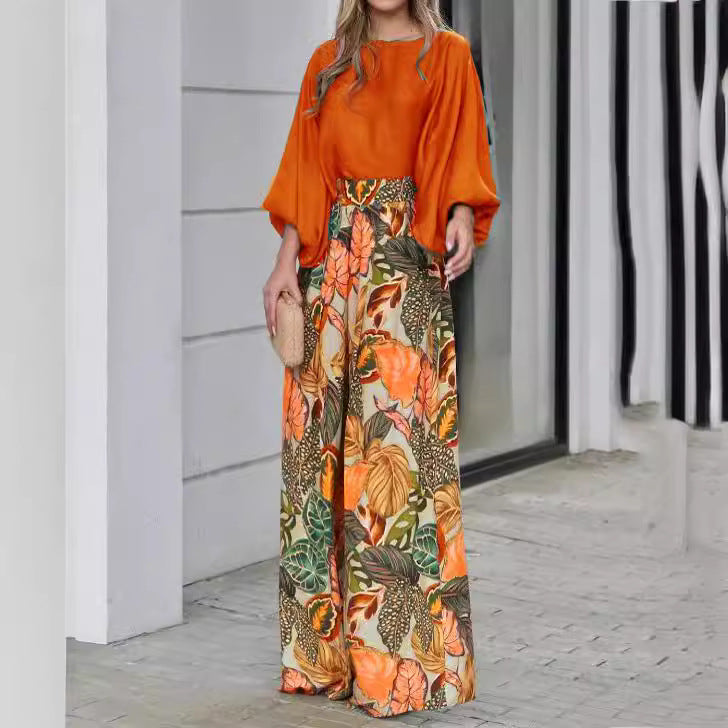 Damen weite Palazzo-Hose mit floralem Muster und elastischem Bund EB