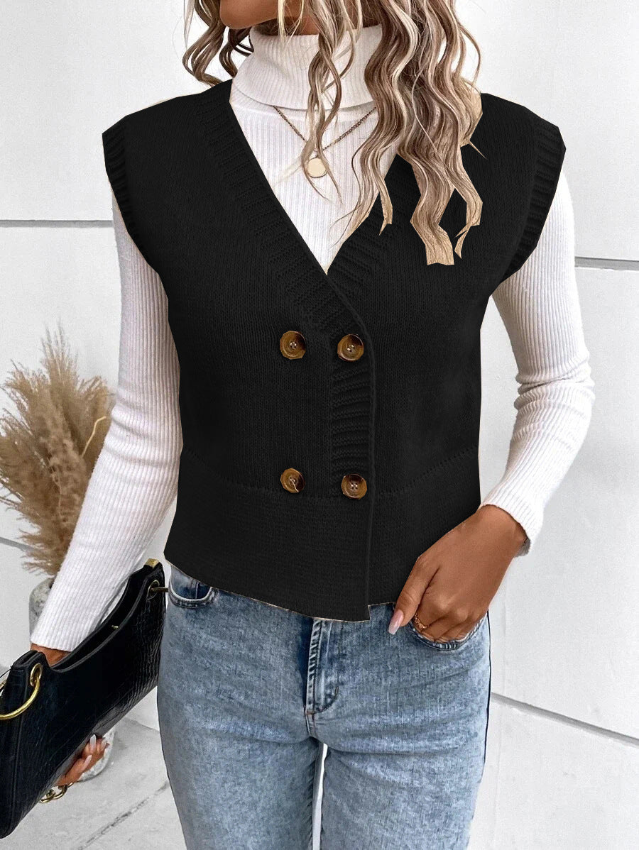 Damen Strickweste mit doppelter Knopfleiste und stylischem V-Ausschnitt EB
