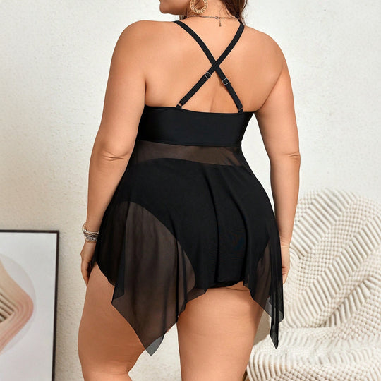 Damen Badeanzug mit transparentem Rock und raffinierter Kellerfalte EB