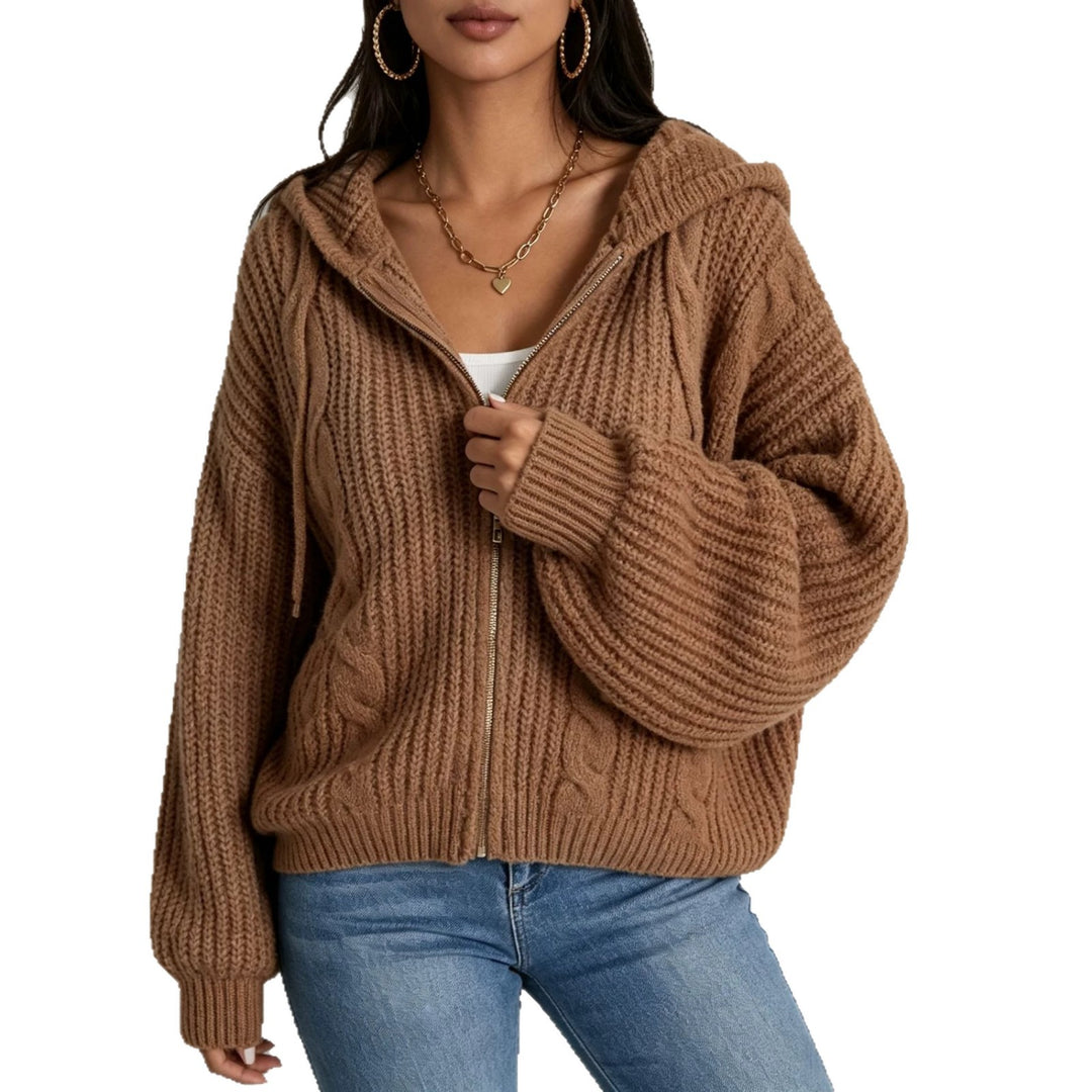Damen Kapuzen-Cardigan im Grobstrick mit Zopfmuster und Reißverschluss EB
