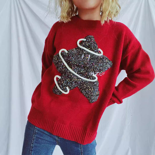 Damen Strickpullover mit kreativem Motiv und lässigem Schnitt EB