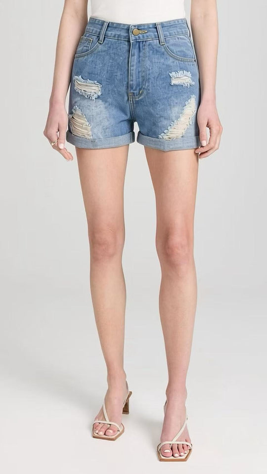 Damen Destroyed Denim-Shorts mit hohem Bund und stylischem Fransen-Look EB