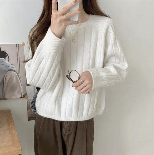 Damen Grob gestrickter Sweater mit Rundhalsausschnitt und lässiger Passform EB