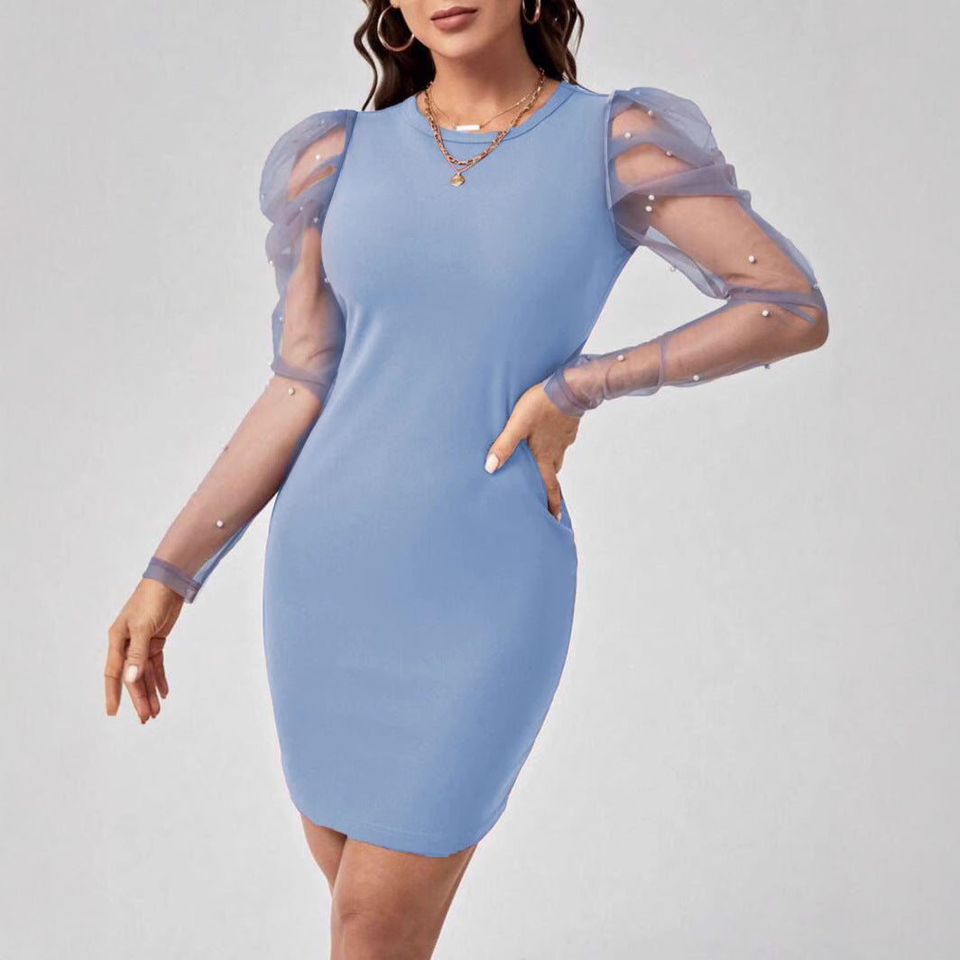 Damen Minikleid mit Tüllärmeln und Perlendetails EB