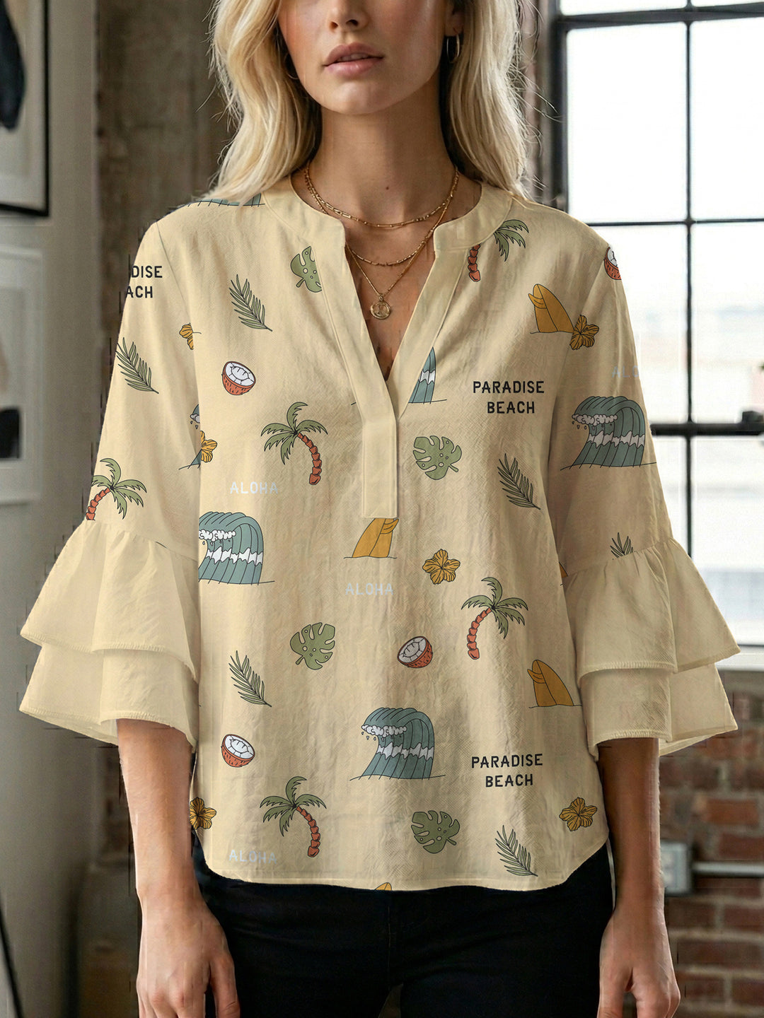 Damen Bluse mit voluminösen Rüschenärmeln und floralem Druck EB