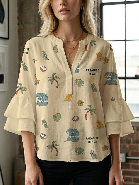 Damen Bluse mit voluminösen Rüschenärmeln und floralem Druck EB