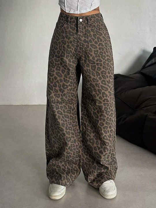 Damen Weit geschnittene Leoparden-Jeans im lässigen Stil EB