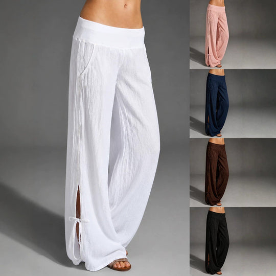 Damen Leichte Leinenhose mit weitem Bein und elastischem Bund EB