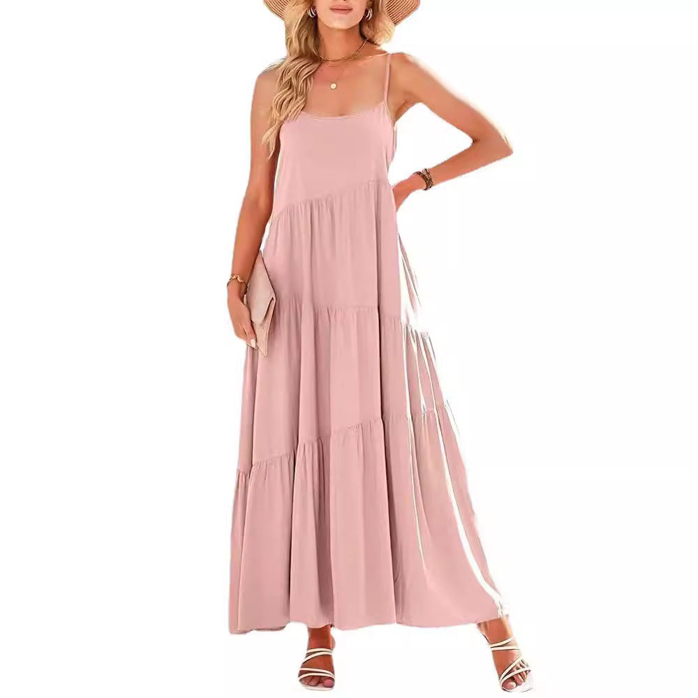 Damen luftiges Maxikleid mit Spaghetti-Trägern und stilvollem Layering EB