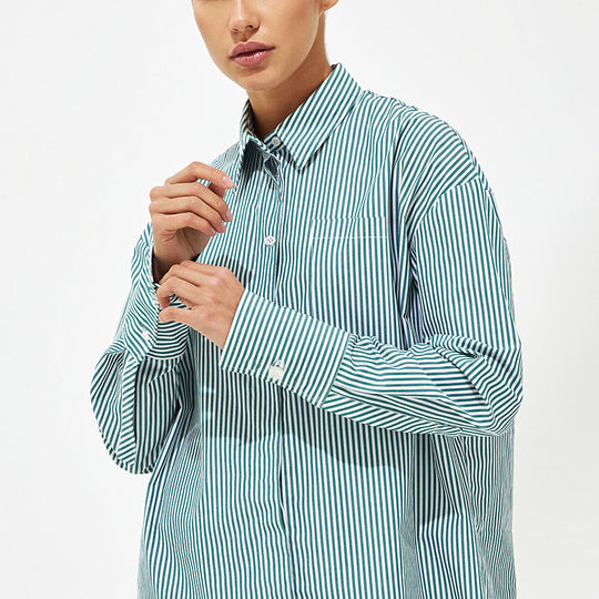 Damen Elegante, gestreifte Bluse mit klassischem Kragen und Taschen EB