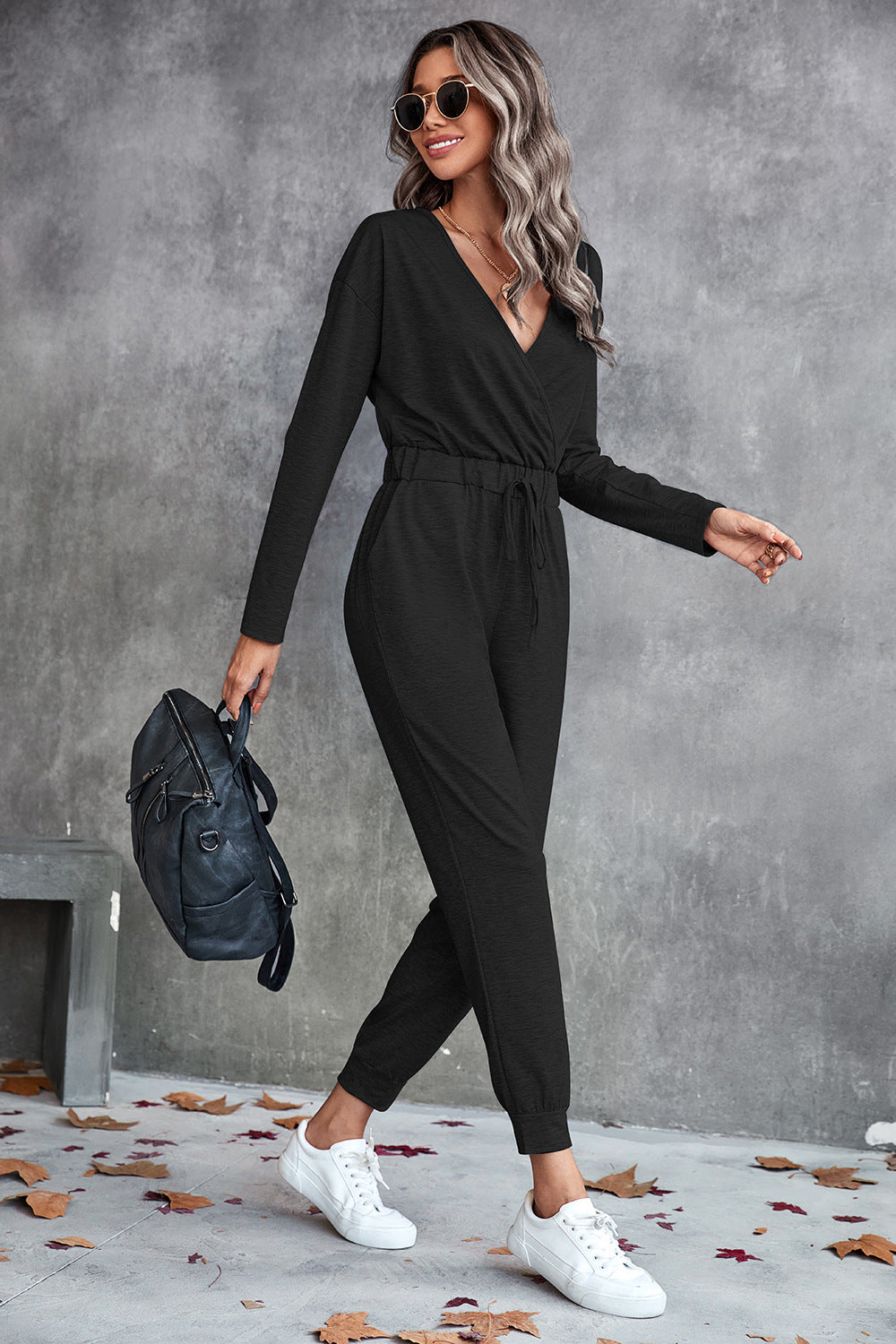 Damen Lässiger Langarm-Jumpsuit mit Wickeloberteil und elastischem Bund EB