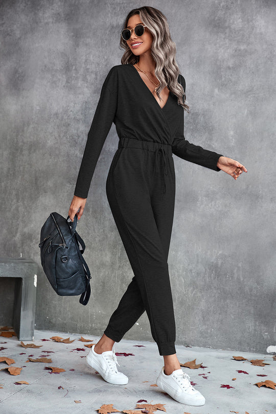 Damen Lässiger Langarm-Jumpsuit mit Wickeloberteil und elastischem Bund EB