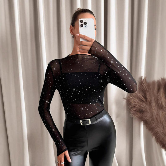 Damen nan transparentes Langarm-Netzshirt mit Strassapplikationen und integriertem Untertop EB