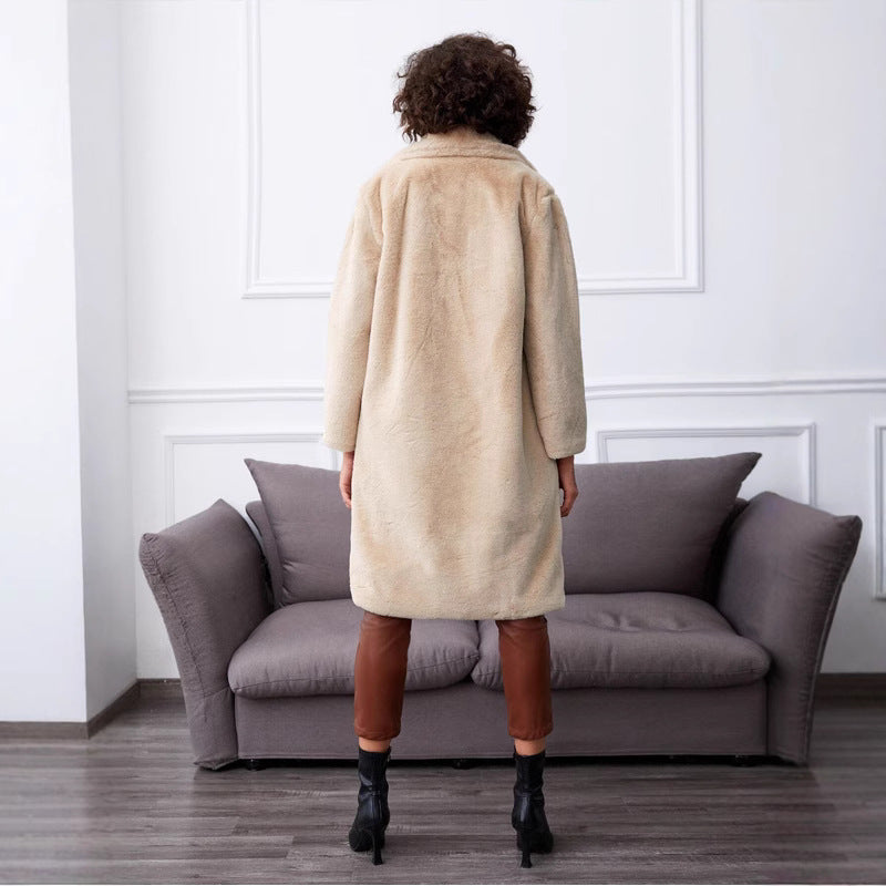 Damen Langer Kunstpelzmantel mit elegantem Reverskragen und praktischen Taschen EB