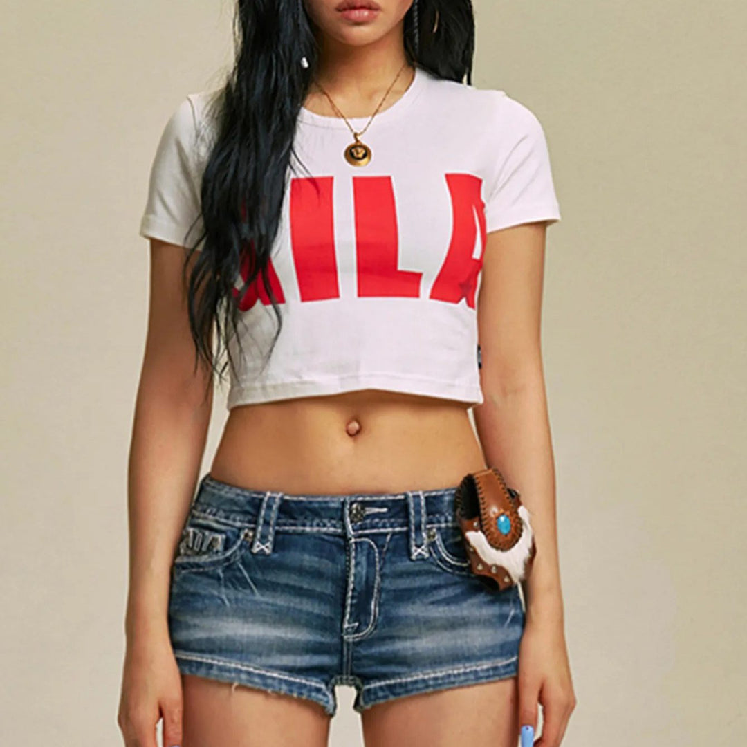 Damen Cropped T-Shirt mit auffälligem Grafikdruck EB