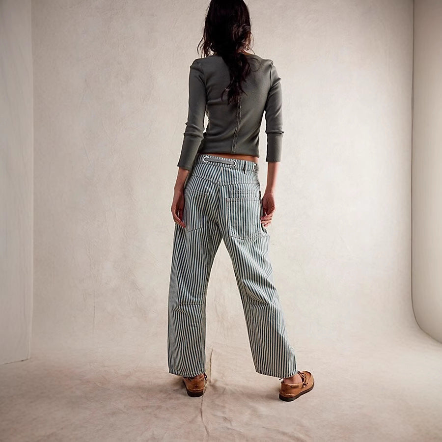 Damen nan lässige gestreifte Leinenhose mit Kordelzug und aufgesetzten Taschen EB