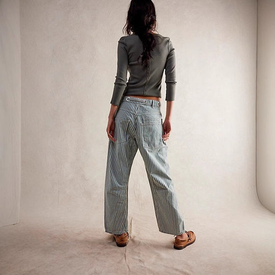 Damen nan lässige gestreifte Leinenhose mit Kordelzug und aufgesetzten Taschen EB